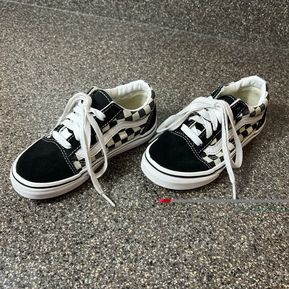 Vans Classic Little Kids Sz 12 Sneaker Shoe Lace Up Low Black Check Suede/Canvas